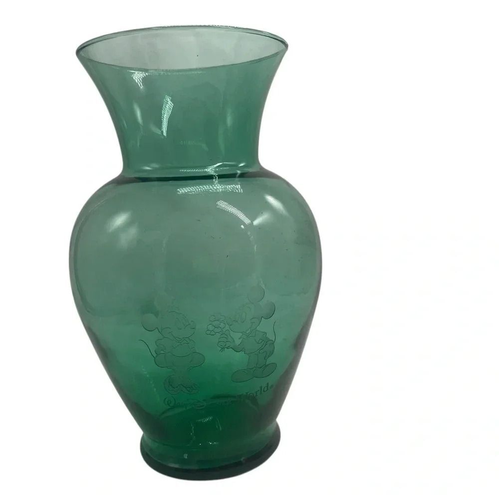 Walt Disney World Parks Mickey Minnie Teal Aqua Tinted Glass Vase 11”